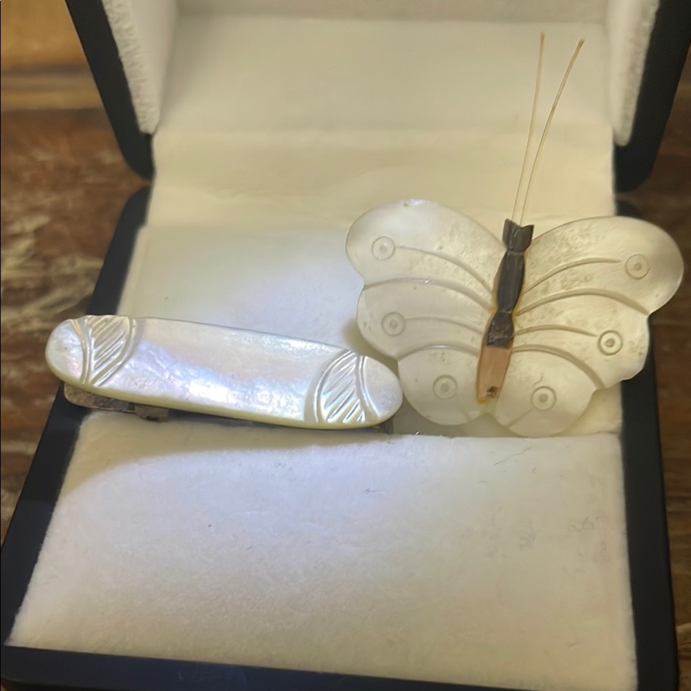 Elegant Mother of Pearl Butterfly Brooch & Tie Clip set